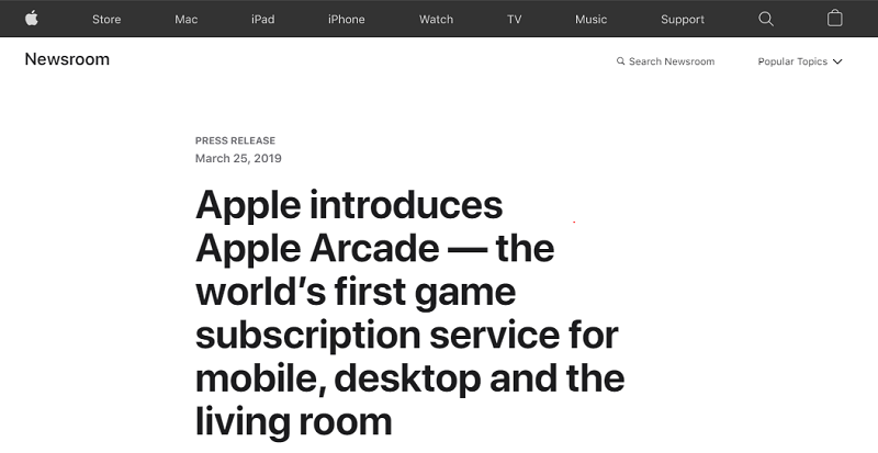 Apple Arcade Press Release Page