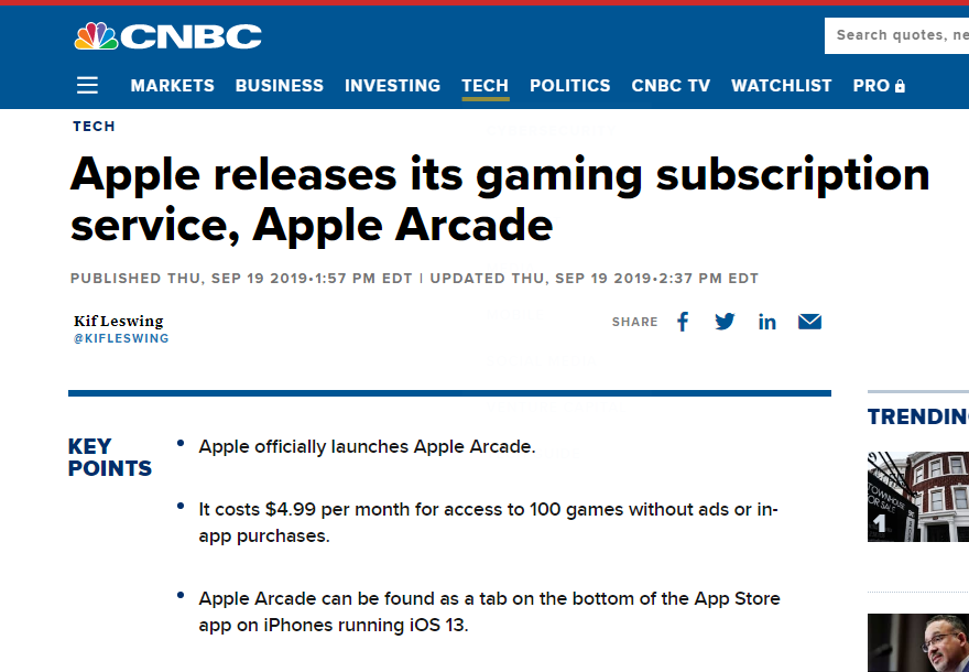 Apple Arcade Press Release Page - Media Coverage on CNBC