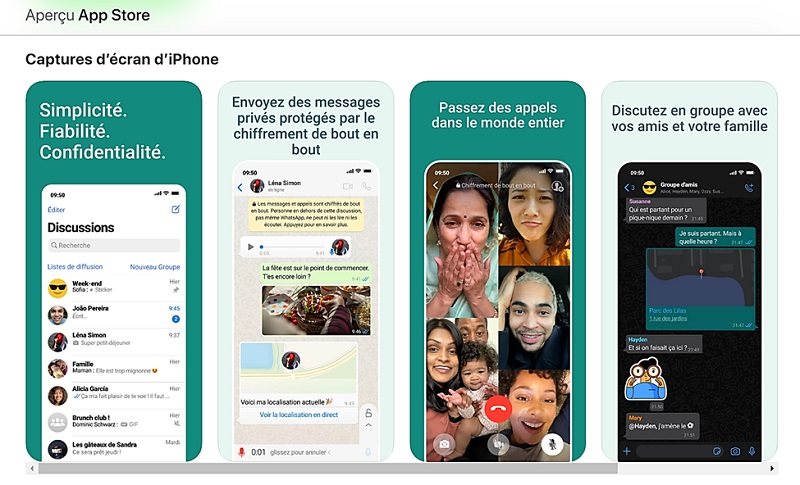 WhatsApp app screenshots in English
